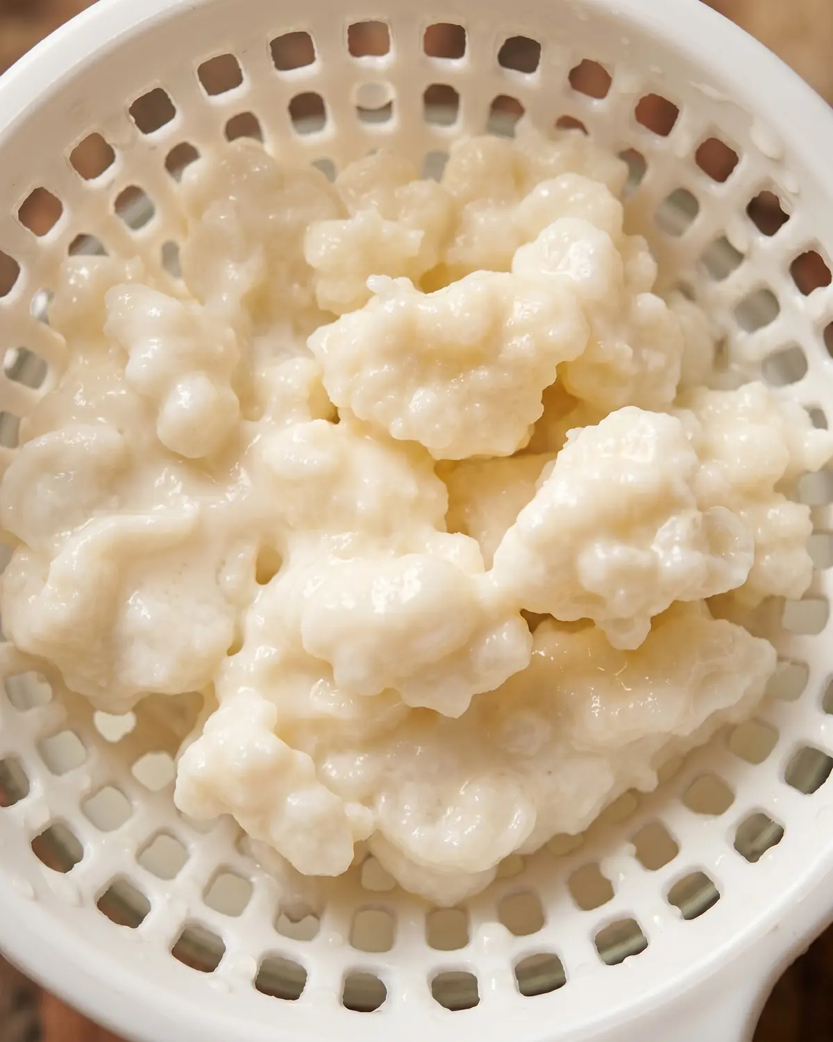 kefir in der stillzeit Cremeweiße Milchkefirknollen liegen in einem weißen Sieb, mit dichten Tropfen zwischen den Zwischenräumen.
