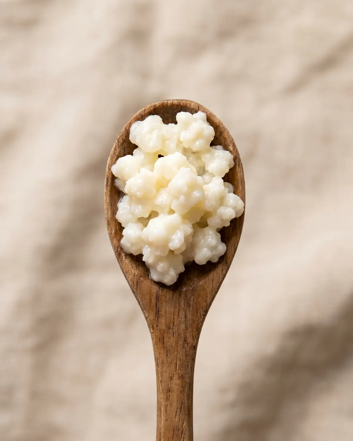 okroschka rezept kefir Makroaufnahme von Milchkefir-Knollen auf einem Holzlöffel als Grundlage für frischen Kefir