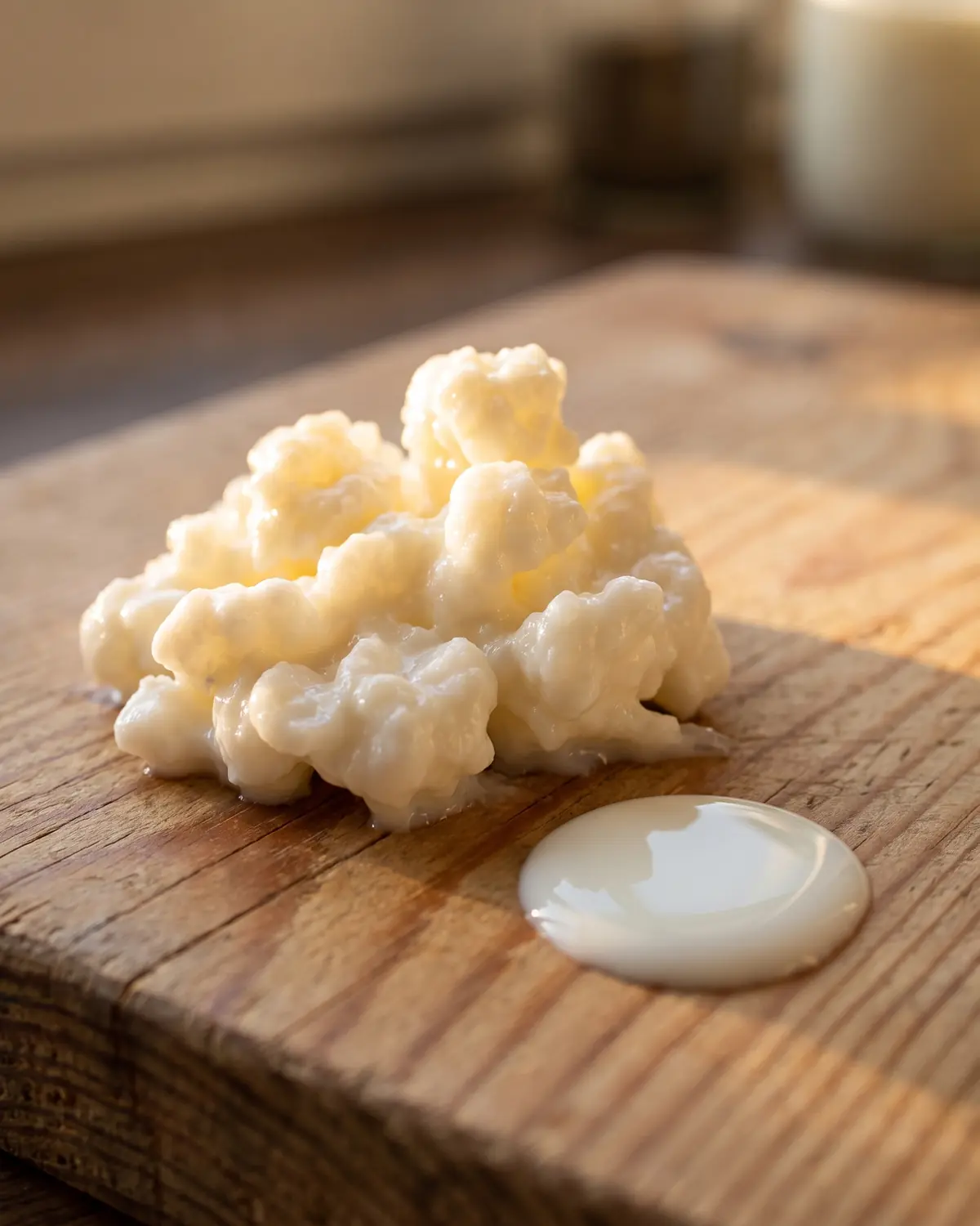 kefir und cholesterin Milchtropfen auf einem Kiefernbrett, daneben ein Kefirkorn im warmen Licht des frühen Morgens.
