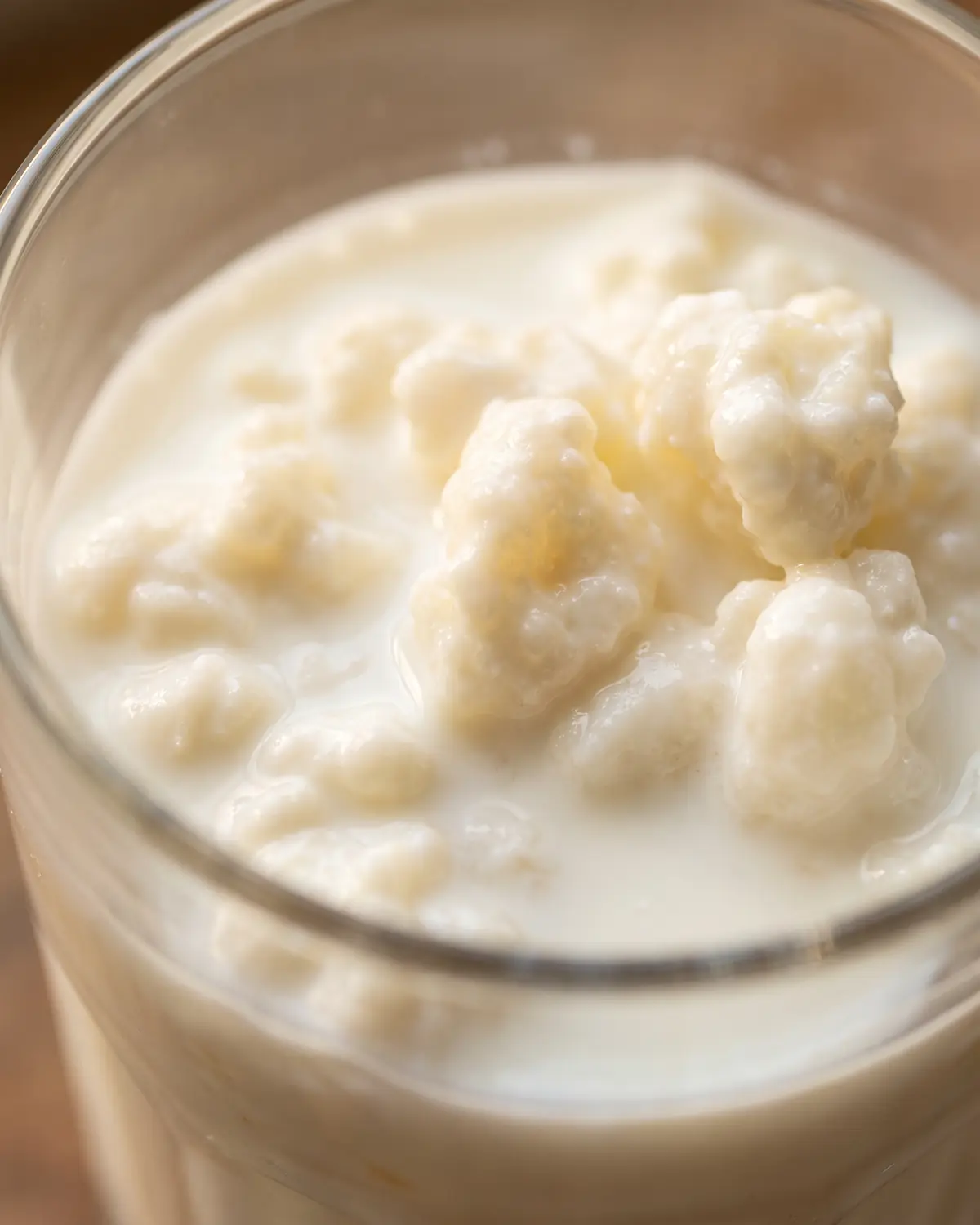 kefir lidl test Milch umhüllt frisch eingetauchte Kefirknollen in einem Glas, während die Fermentation sichtbar beginnt.