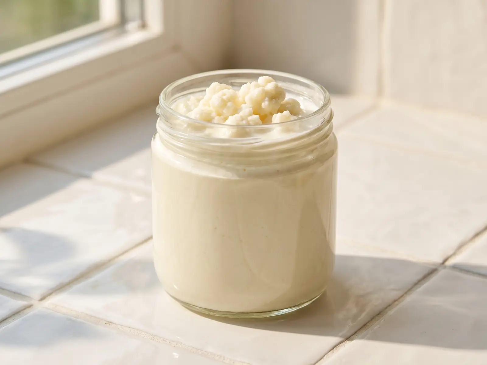 kefir pflege Sauberes Glas mit Milchkefir auf weißen Fliesen, seitlich von weichem Fensterlicht beleuchtet.