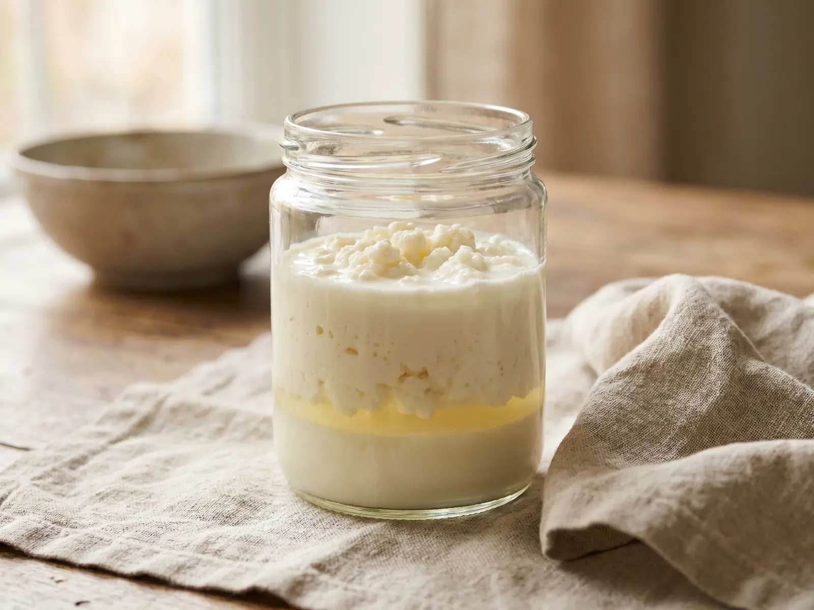 kefir bei histaminintoleranz Glas mit geschichtetem Milchkefir und sichtbarer Molkelinie neben einem Leinentuch auf hellem Untergrund