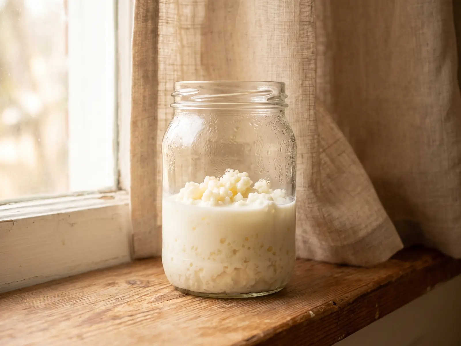 homemade milk kefir Ein beschlagenes Glas mit Milchkefirknollen in Milch steht im Morgenlicht auf einer Fensterbank.
