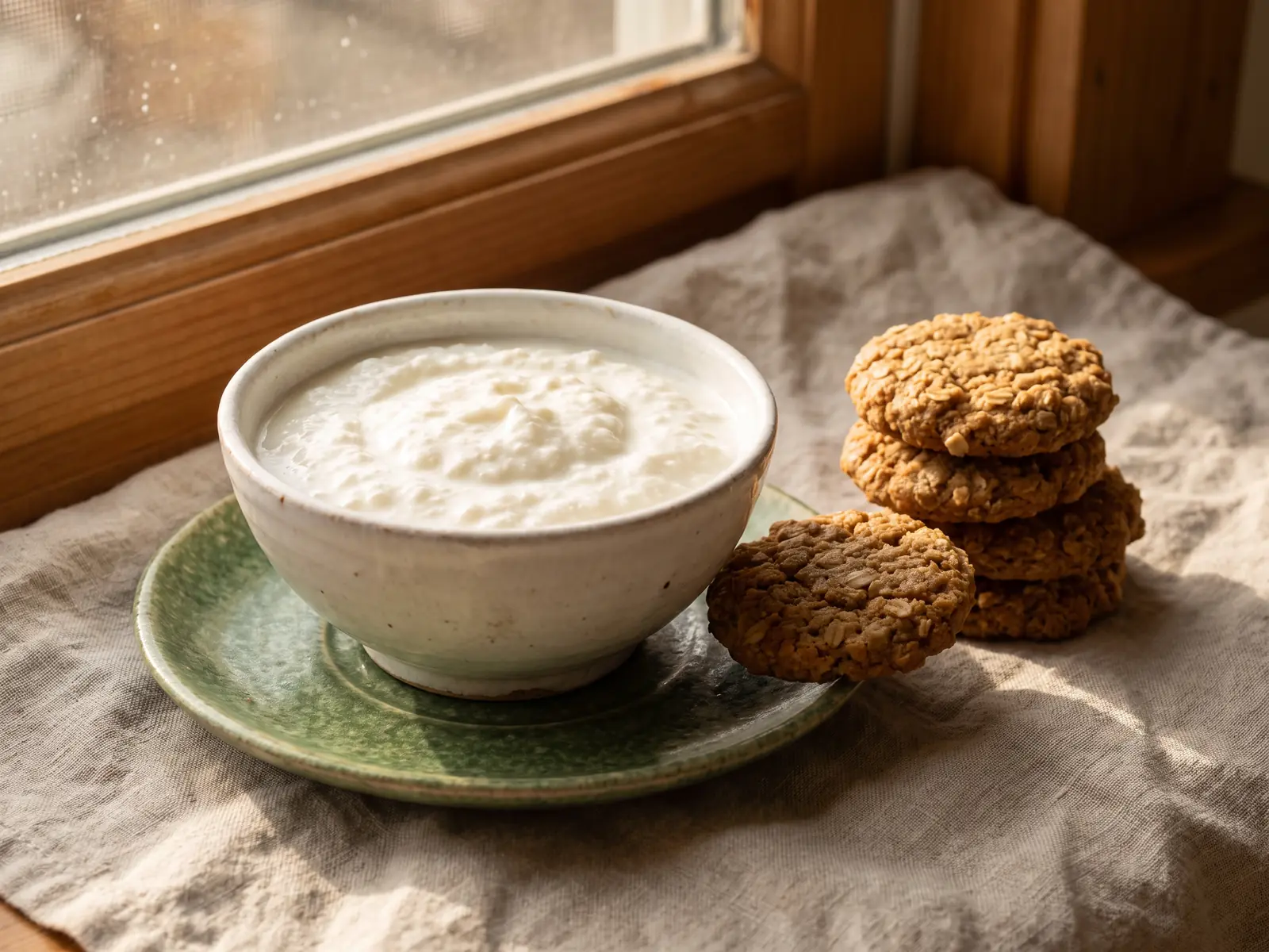 ayran oder kefir Hausgemachte Milchkefir-Mahlzeit mit Haferkeksen, Schale und grünem Teller auf warmem Leinentisch.