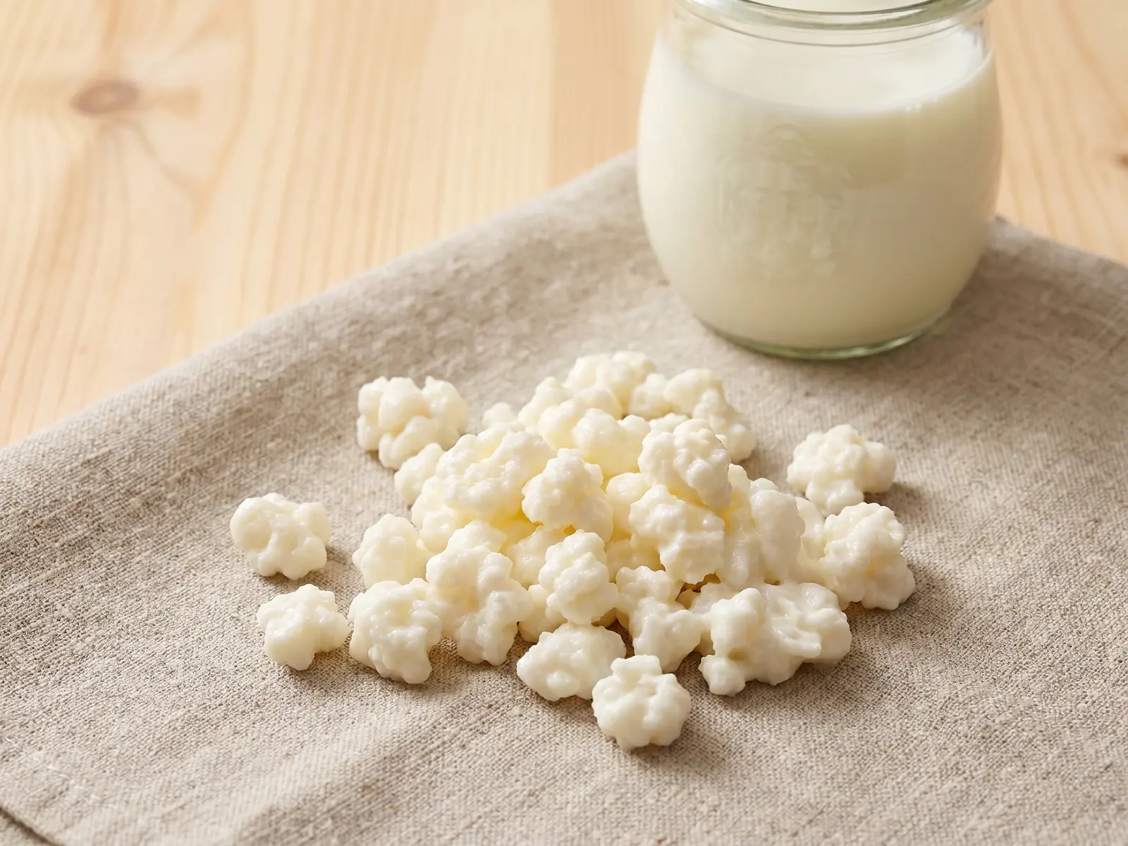 buchweizen kefir diät erfahrungen Cremeweiße Milchkefirknollen auf grobem Leinen, im Hintergrund ein unscharfes Glas mit Milch.