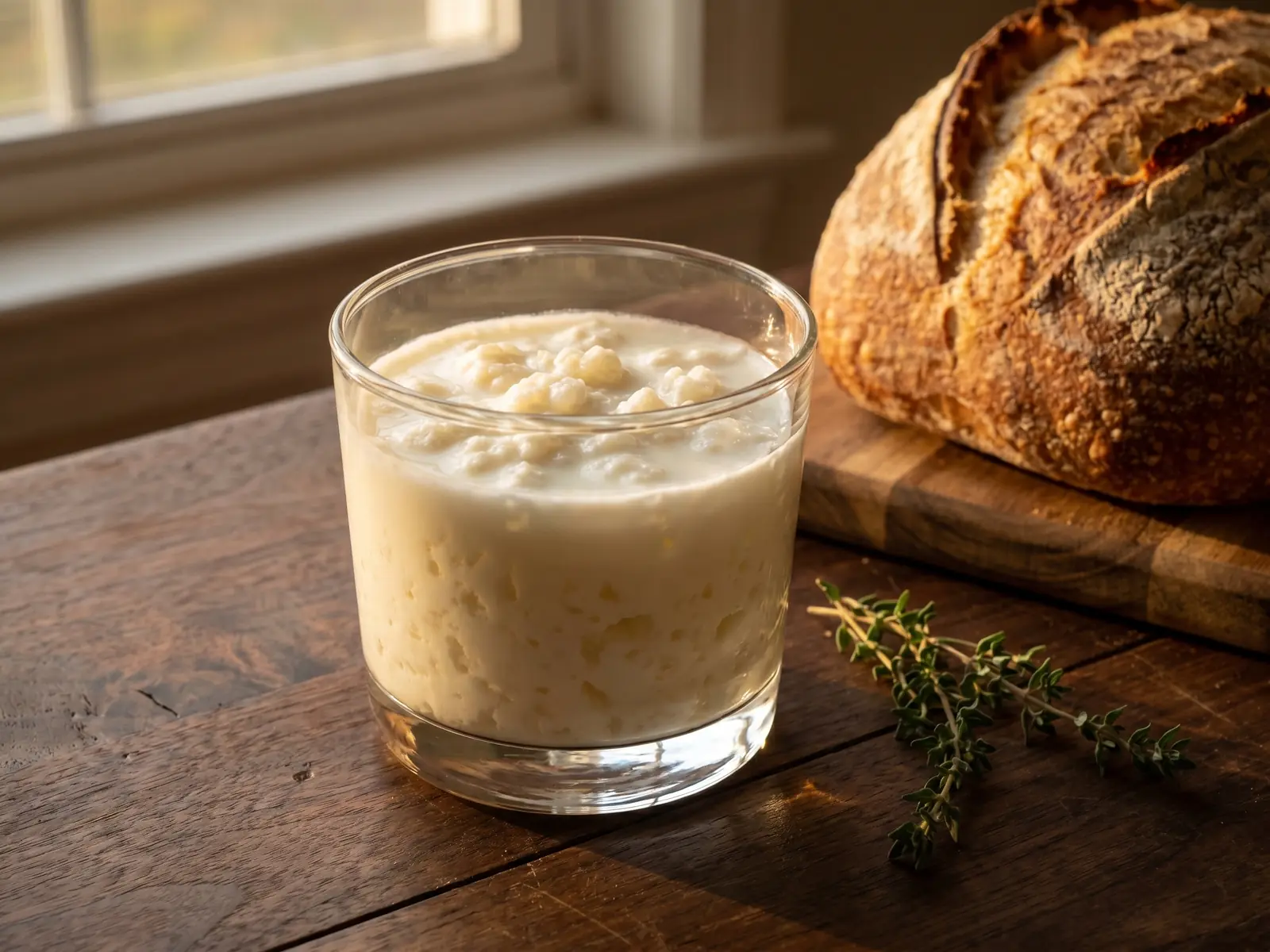 fettgehalt kefir Cremiger Milchkefir im niedrigen Glas auf dunklem Nussbaumholz mit Brot und Thymian im warmen Licht