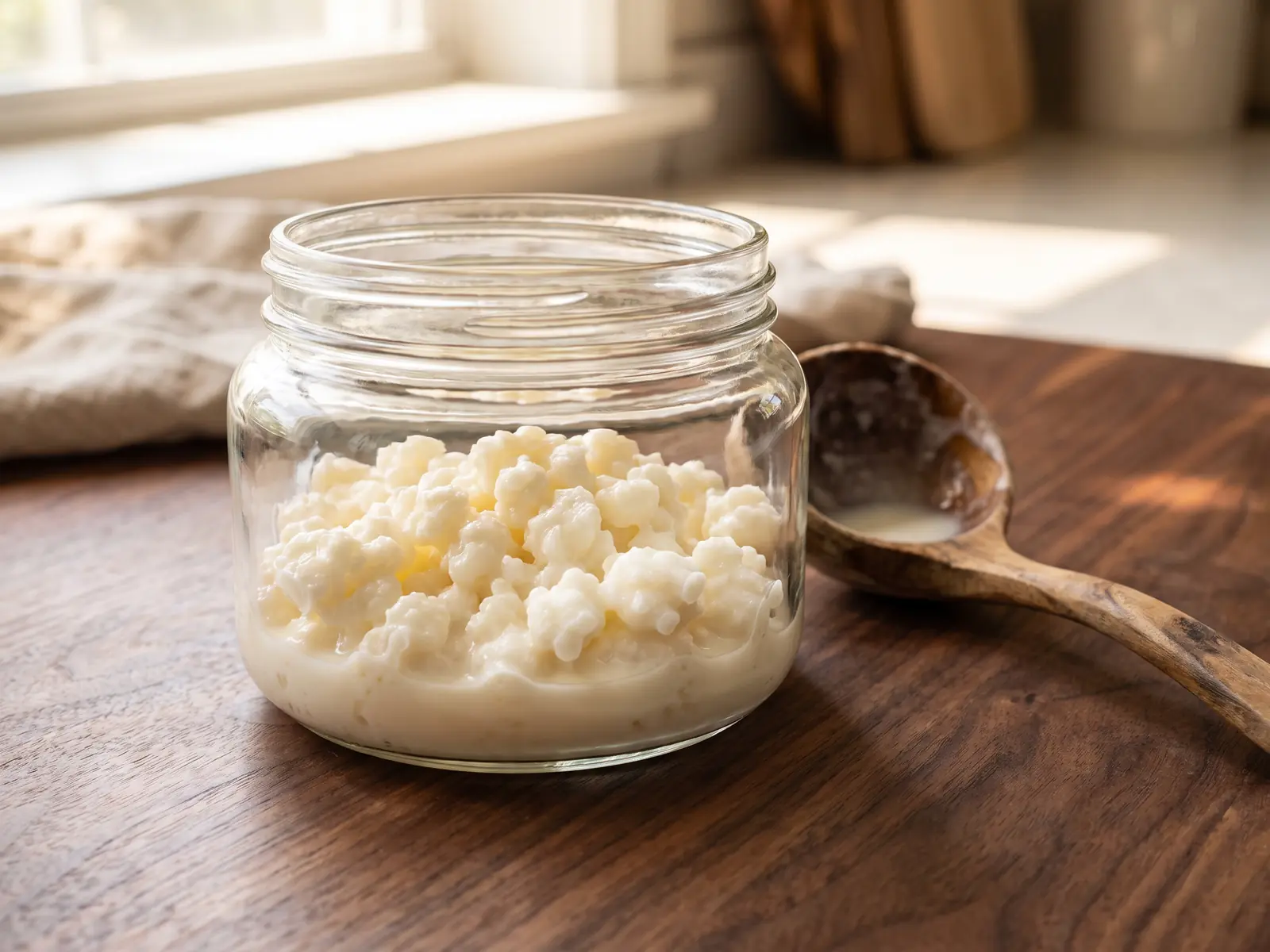 kefir mit kalter milch ansetzen Glas mit Milchkefir, sichtbaren Kefirknollen und Holzlöffel auf dunklem Walnussholz im Licht.