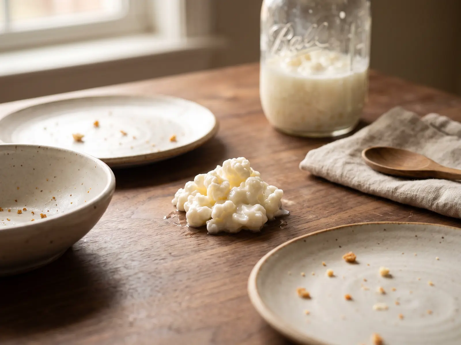 Ruhige Tischszene mit Keramiktellern und einem Glas Milchkefir mit K&ouml;rnchen im Hintergrund.