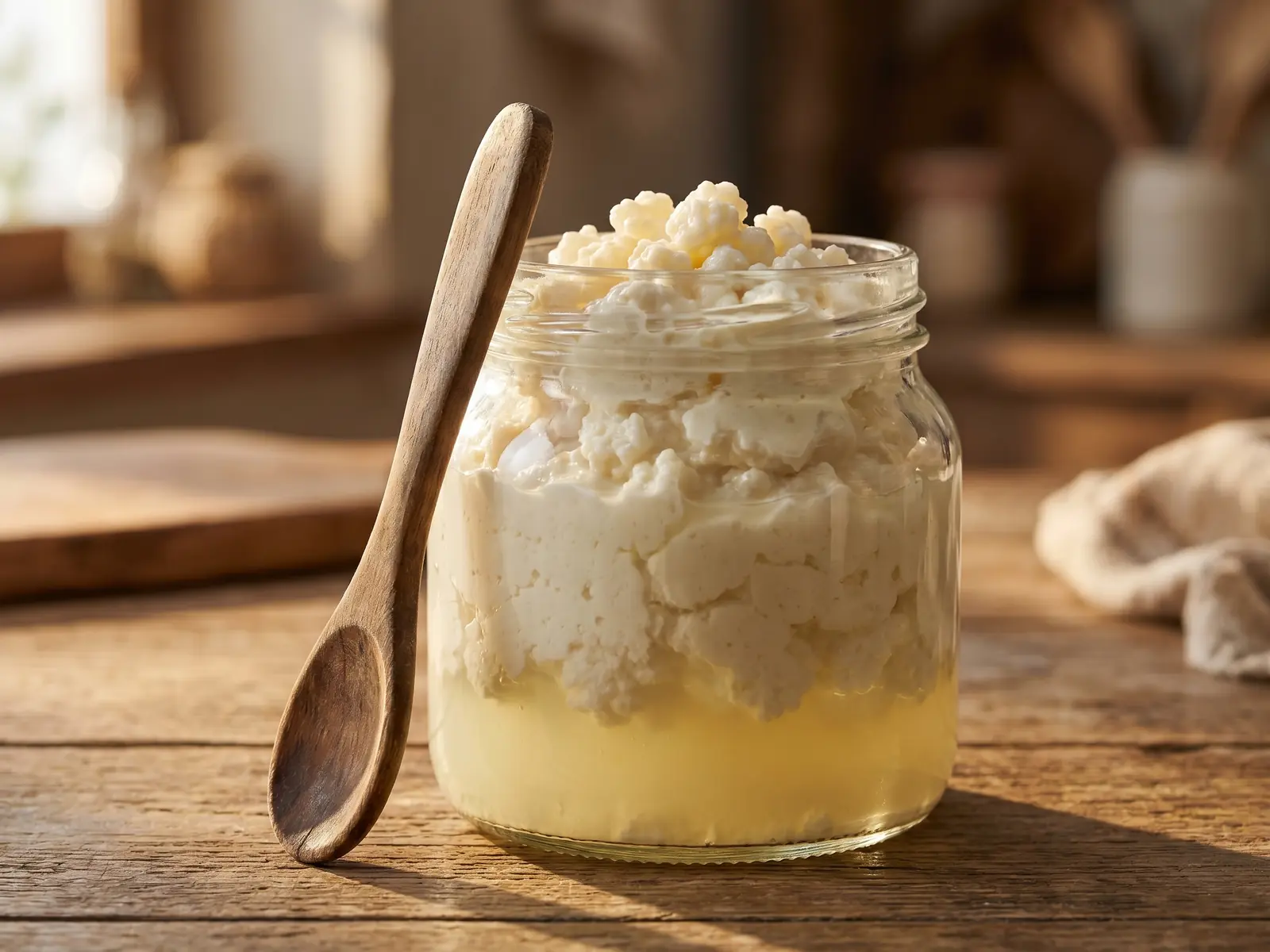 wie viel kefir am tag Reifer Milchkefir im Glas mit abgesetzter Molke, Holzlöffel und seitlichem Abendlicht.