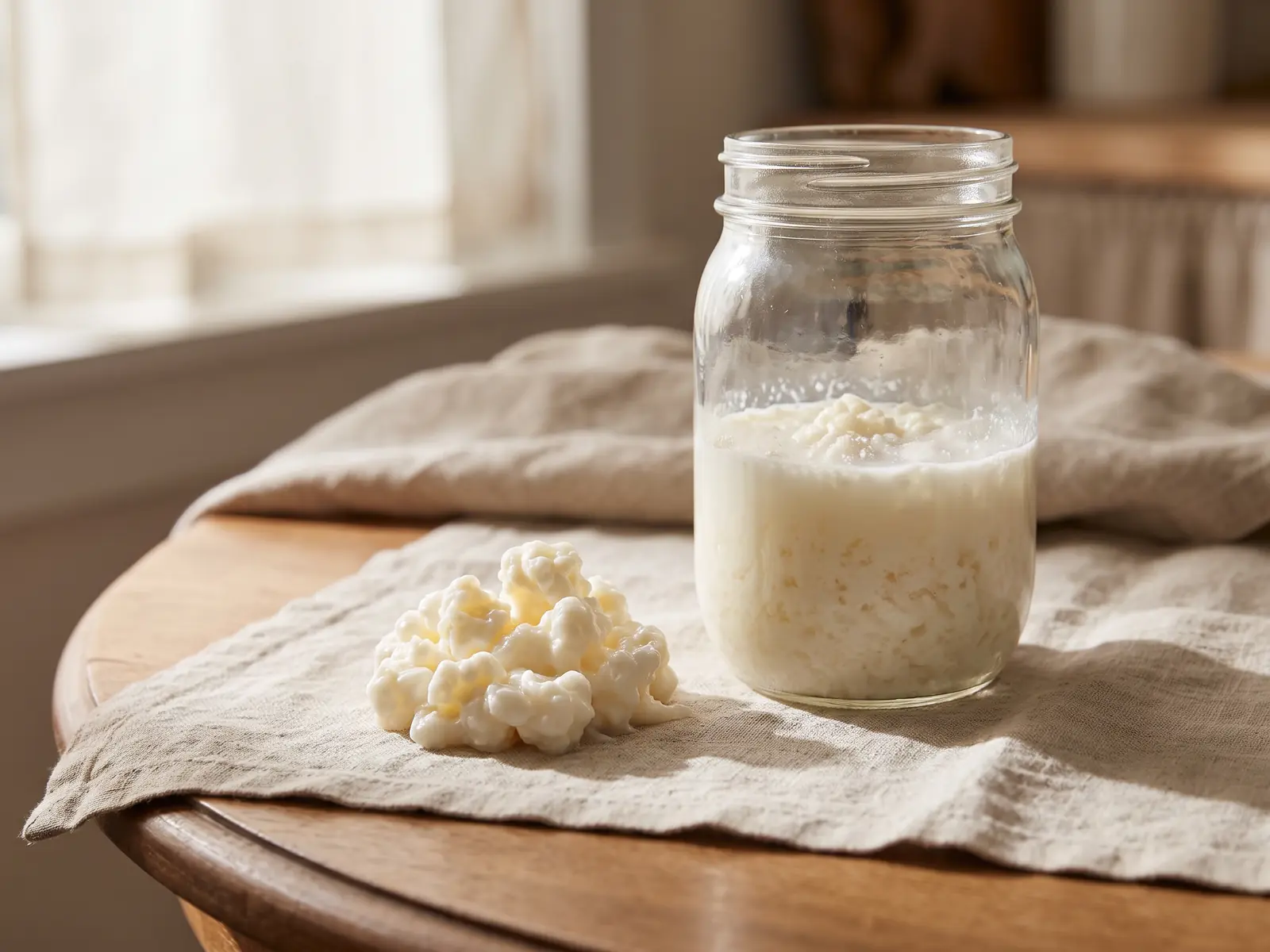 verstopfung durch kefir Glas mit Milchkefir und Kefirknollen auf rundem Tisch mit rohem Leinen bei weichem Tageslicht.