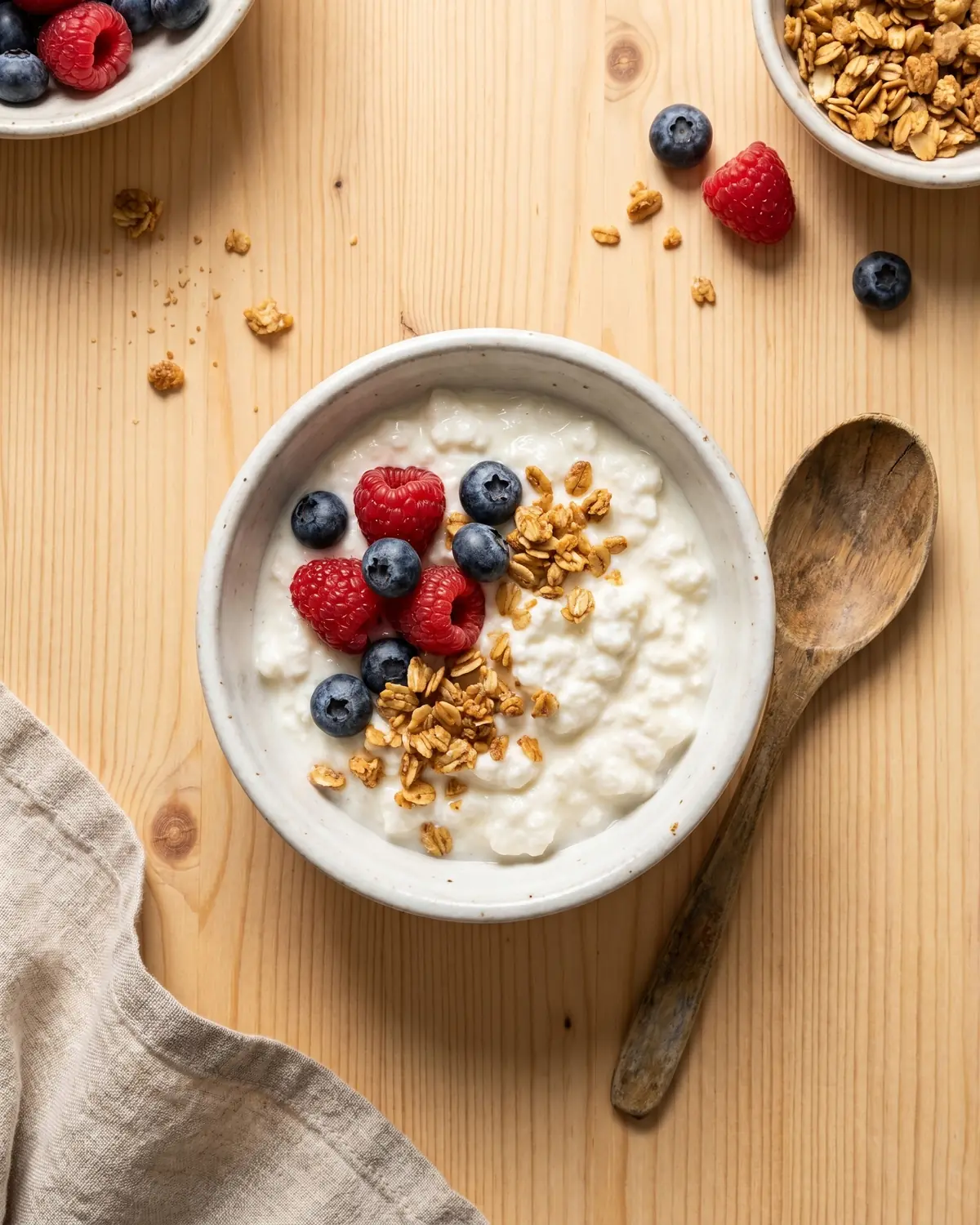 wieviel kefir täglich Schale mit fertigem Milchkefir, roten Beeren, Granola und Holzlöffel als einfache Frühstücksidee.