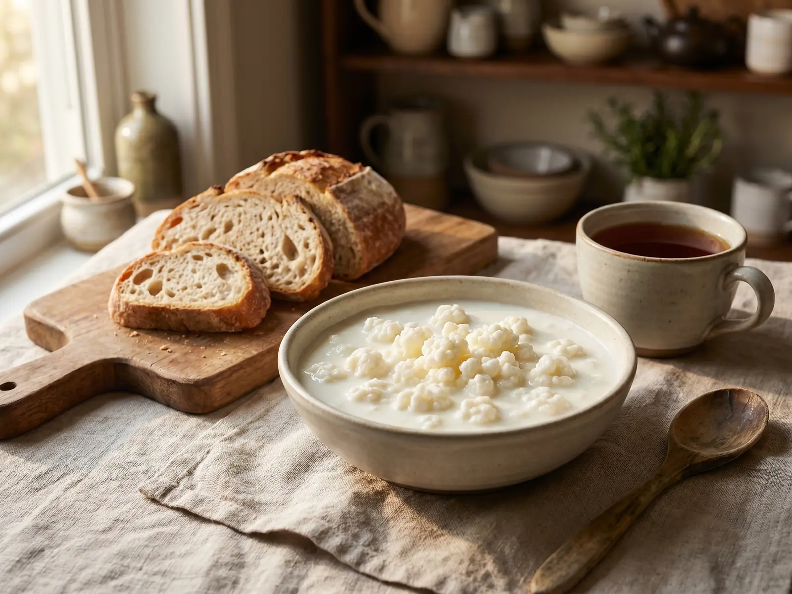 Milchkefir in einer flachen Schale neben Teetasse, rustikalem Brot und grobem Leinentuch.