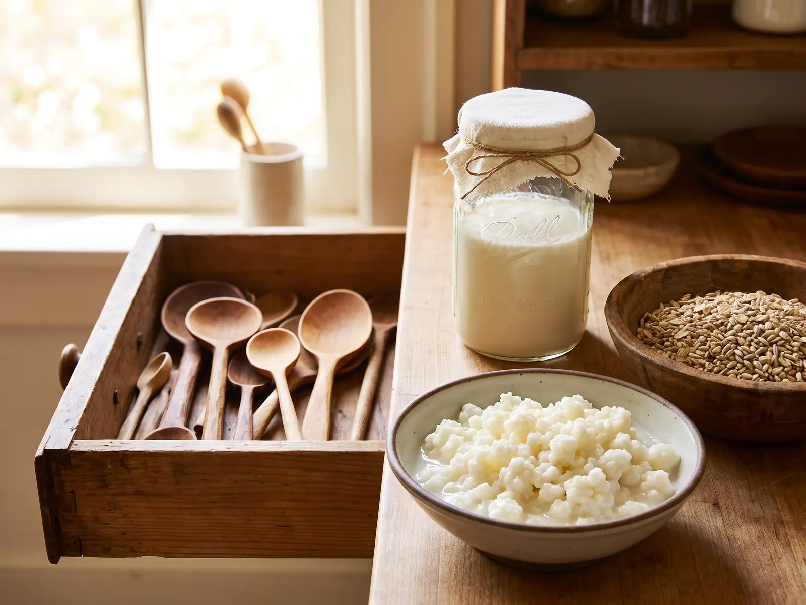 kefir statt buttermilch Offene Schublade mit Holzlöffeln, daneben ein Glas Milchkefir und Kefirknollen in einer Schale.