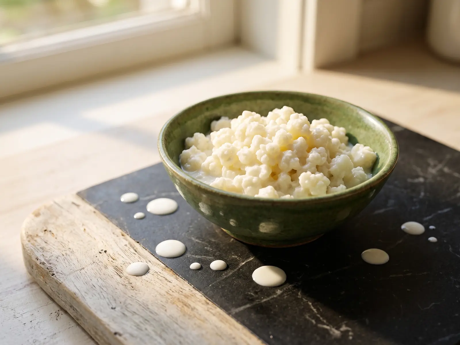 kefir eiweiß pro 100g Milchkefir-Knollen in einer grünen Schale auf schwarzem Marmor mit Milchtropfen und hellem Holz.