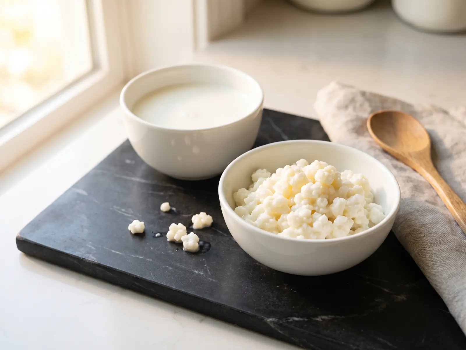 kefir mild gesund Milchkefirknollen und frische Milch in weißen Schalen auf mattem schwarzem Marmor bei seitlichem Licht.