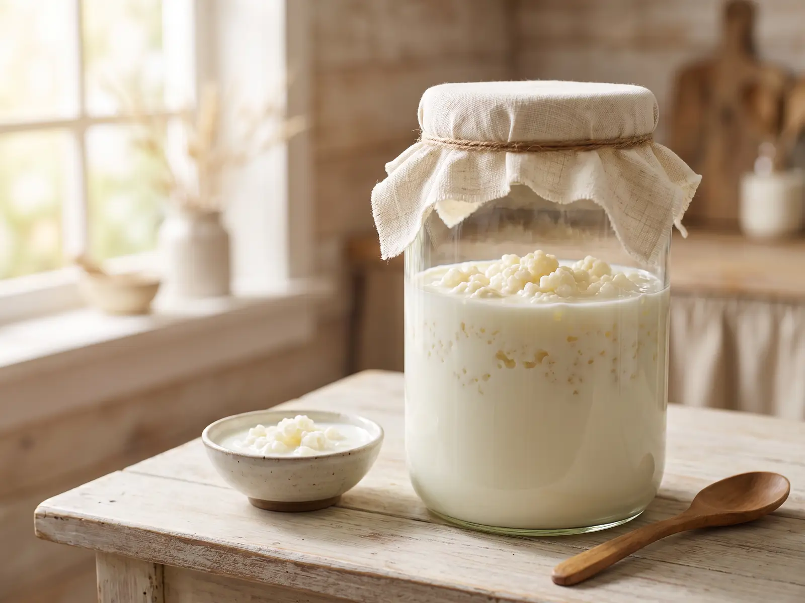 eiweiß kefir Seitlich fotografiertes Glas mit Milchkefirknollen und Trockenfrüchten auf einer Holzfläche.