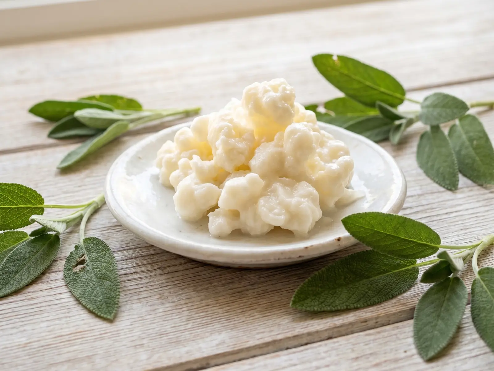 kefir erhitzen Milchkefir-Gränule auf einem weißen Teller mit Salbeiblättern auf hellem Holz aus seitlicher Perspektive.