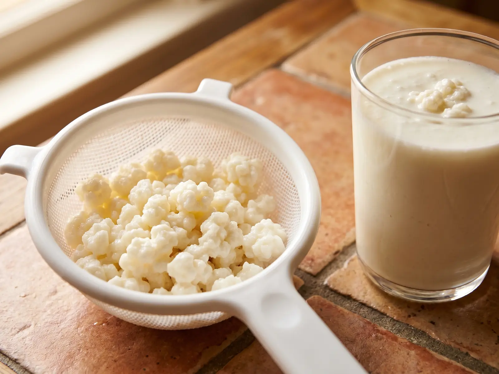 kefir mit laktosefreier milch Milchkefir-Knollen in einem weißen Sieb, daneben ein Glas fertiger Kefir auf hellen Fliesen.