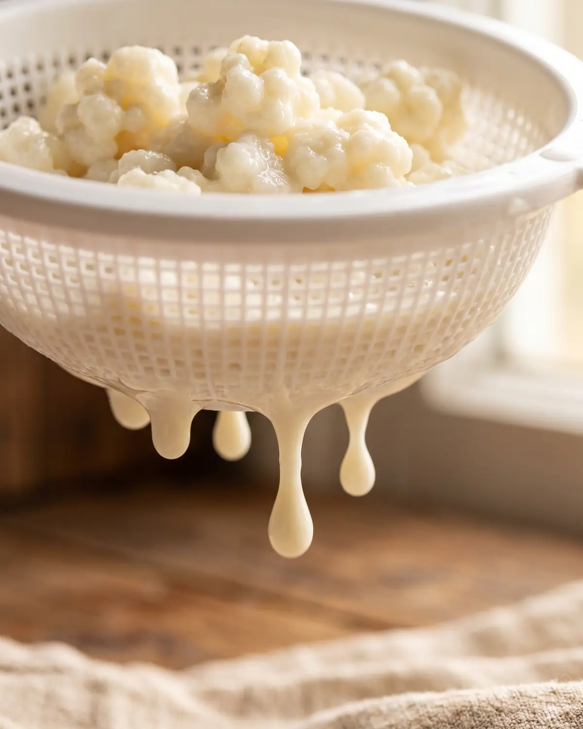 kefir statt buttermilch Dicke Kefirtropfen hängen an der Unterseite eines weißen Siebs, während die Körner oben unscharf bleiben.