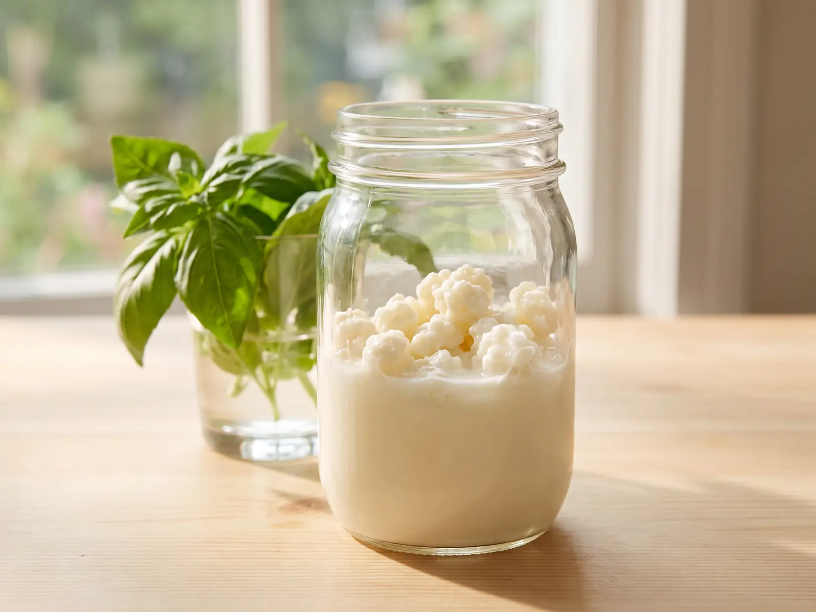 kefir während schwangerschaft Glas mit fermentierender Milch und Kefirkörnern auf hellem Holz neben Basilikum am Fenster.