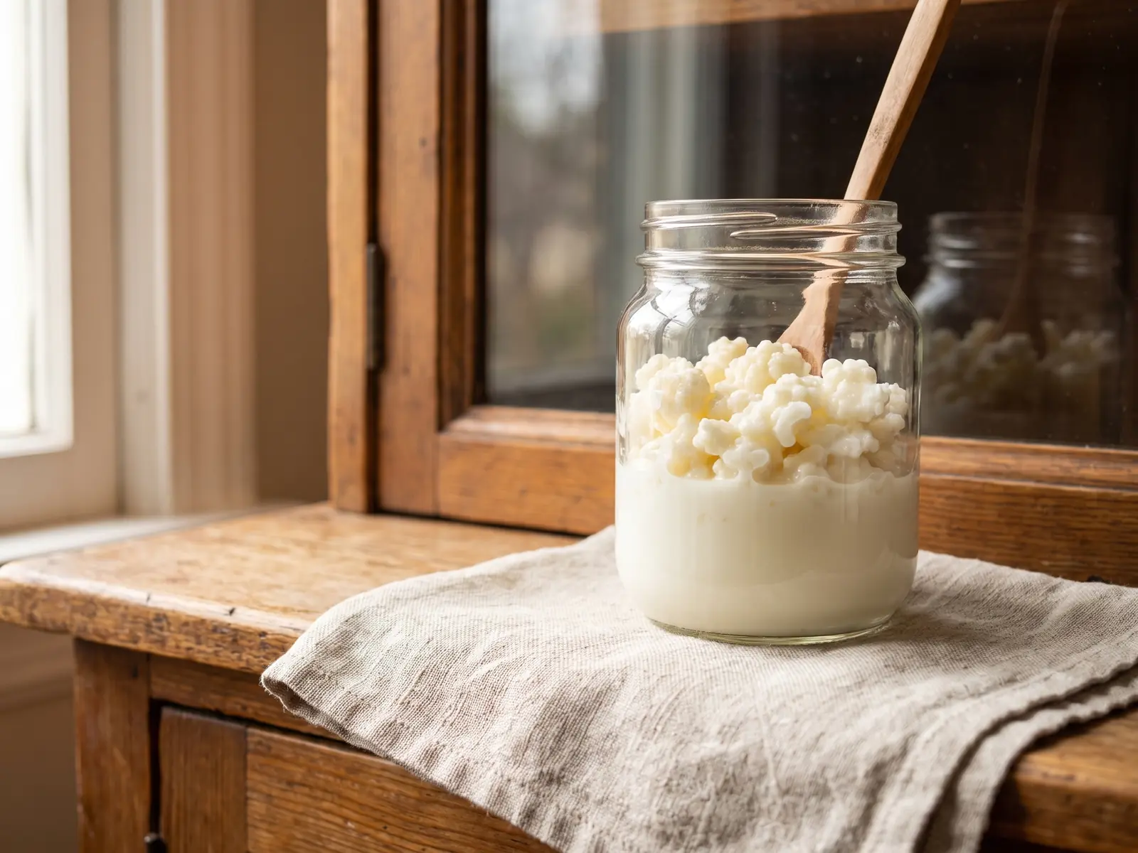 kefir ansatz Glas mit Milchkefir und Kefirknollen auf rohem Leinen, gespiegelt in einer Vitrine