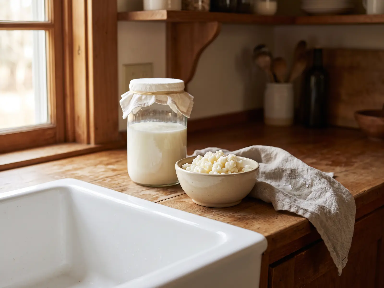 Keramiksp&uuml;le mit fermentierendem Glas, Kefirknollen in einer beigen Schale und feuchtem Tuch.