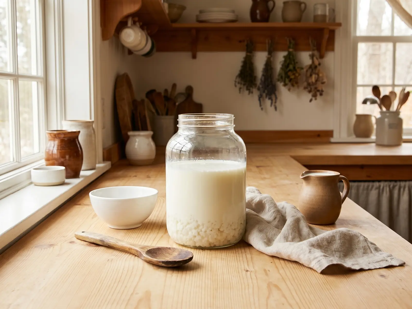 welcher kefir ist der beste Küchenstillleben mit Glas Milchkefir, Schale, Löffel und einer Karaffe frischer Milch auf dem Tisch