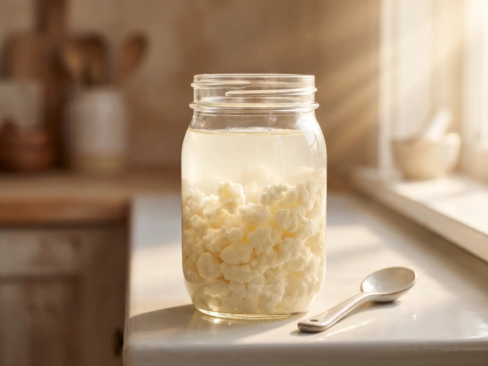wieviel kefir täglich Hohes Glas mit Milchkefir und Kefirknollen im Morgenlicht auf einer hellen Küchenarbeitsfläche.