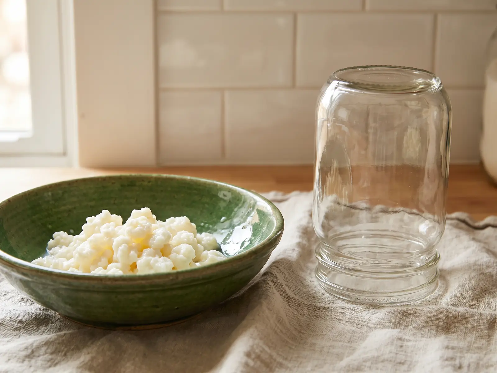 kefir norma Sauberes Glas trocknet neben einer grünen Schale mit Kefirkörnern auf Leinentuch vor weißen Fliesen.