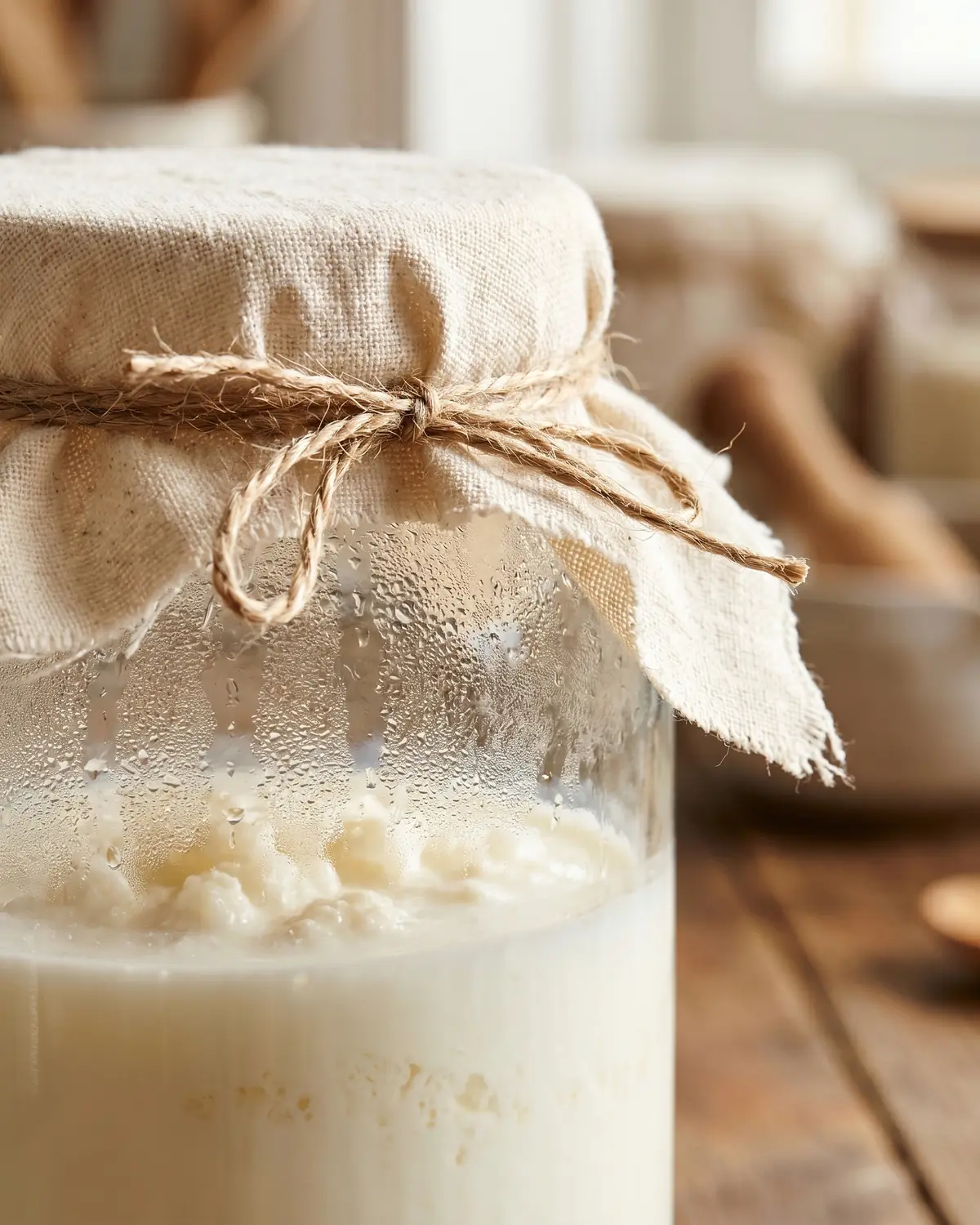 kefir inhaltsstoffe tabelle Ein Baumwolltuch ist um ein Glas mit Milchkefir gebunden, die helle Milch ist durch das Glas sichtbar.