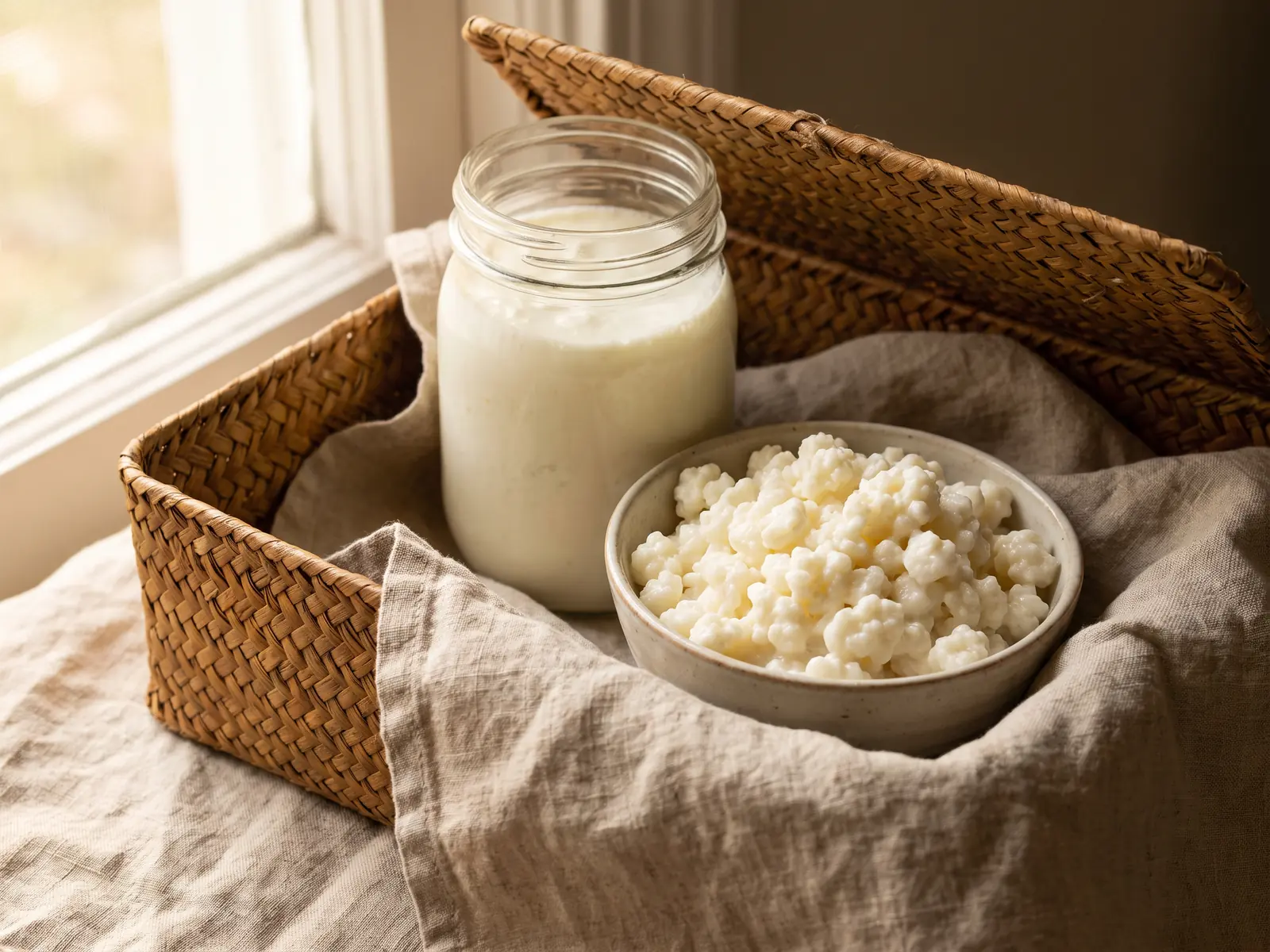 plombir kefir lidl Offene Korbtasche mit Kefirglas und Schale mit Milchkefirknollen auf zerknittertem Leinen.
