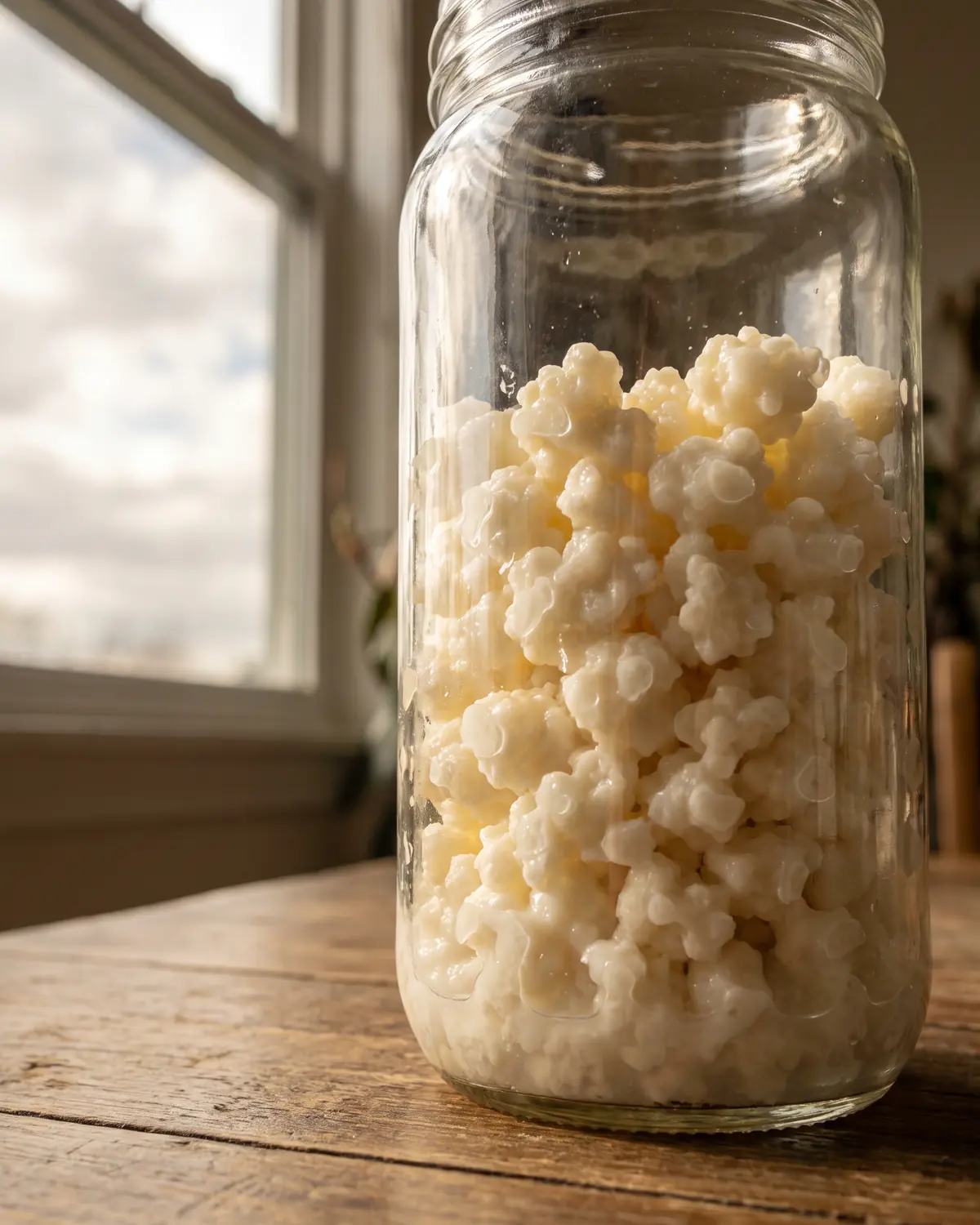 Ein hohes Glas mit Milchkefir steht an der Tischkante vor einem tr&uuml;ben Fenster im weichen Tageslicht.