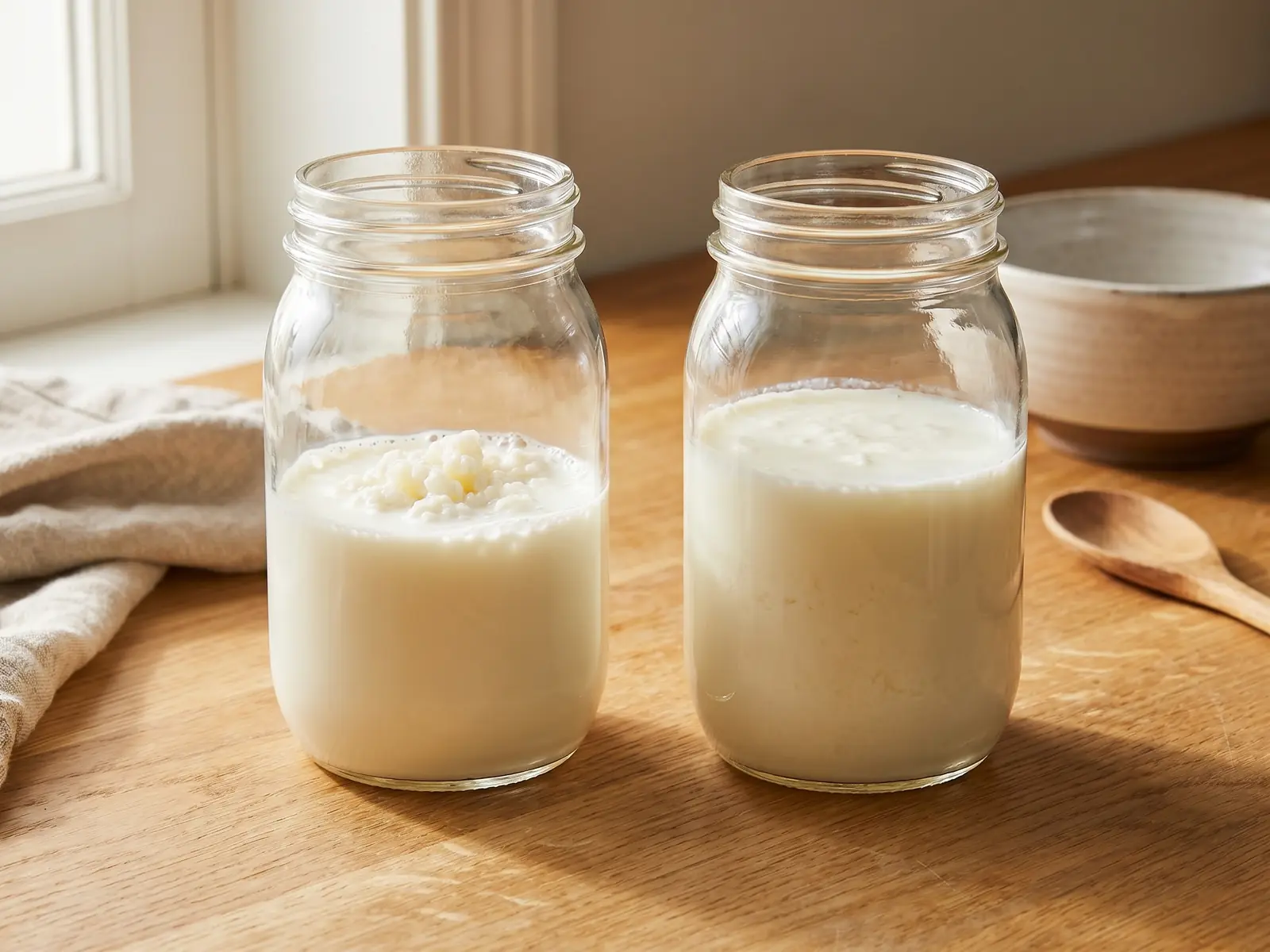 kefir für babys Zwei Gläser zeigen frische Milch mit Kefirknollen und fertigen Milchkefir im direkten Vergleich.