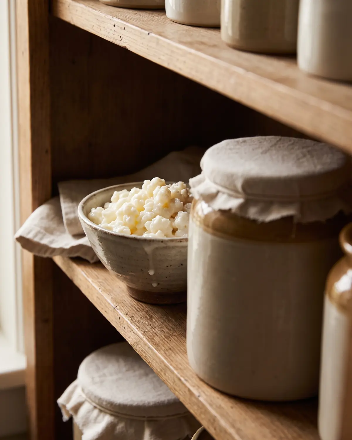 Abgedecktes Glas mit Milchkefir im Vorratsregal, daneben eine Schale mit K&ouml;rnchen im weichen Schatten.