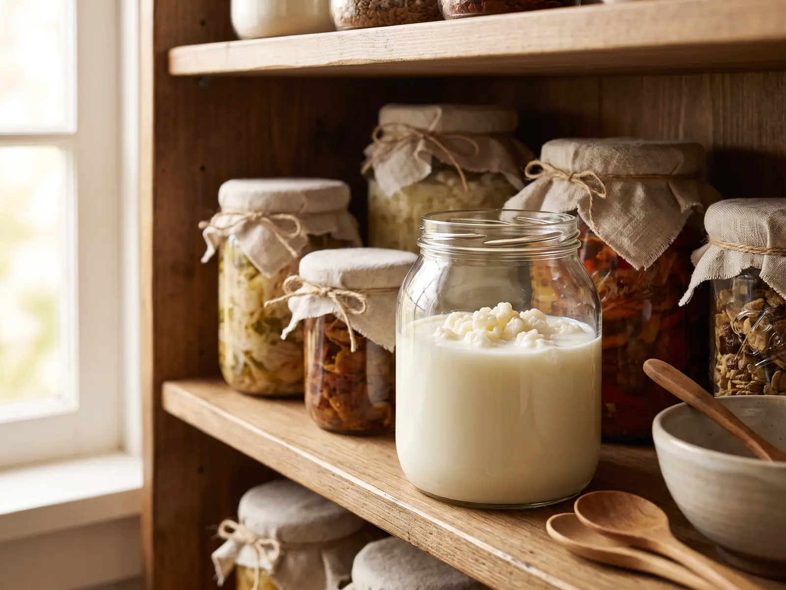 magnesium kefir Vorratsregal mit abgedeckten Gläsern; ein offenes Glas zeigt helle Kefirknollen in Milch.