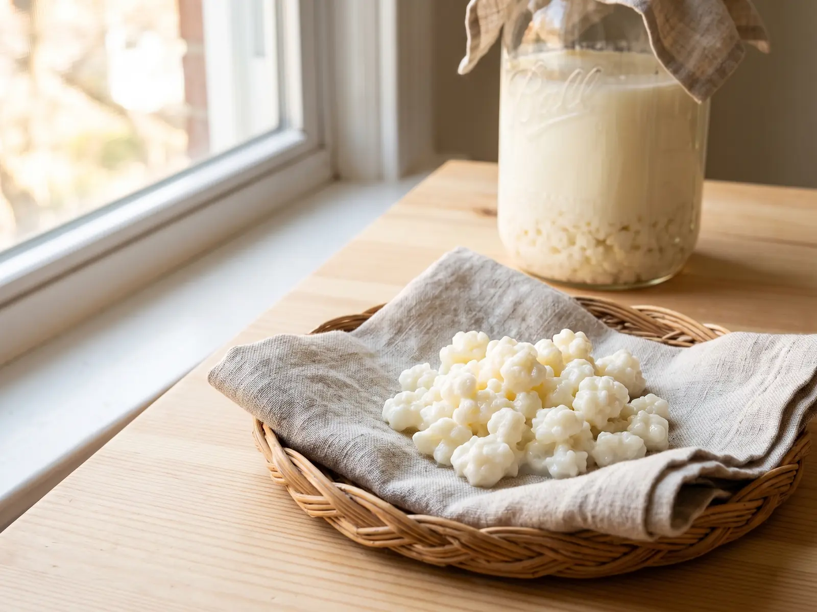 kefirpilz im kühlschrank aufbewahren Milchkefir im Glas mit sichtbaren Kefirkörnern in einem Leinenkorb auf hellem Holz am Fenster