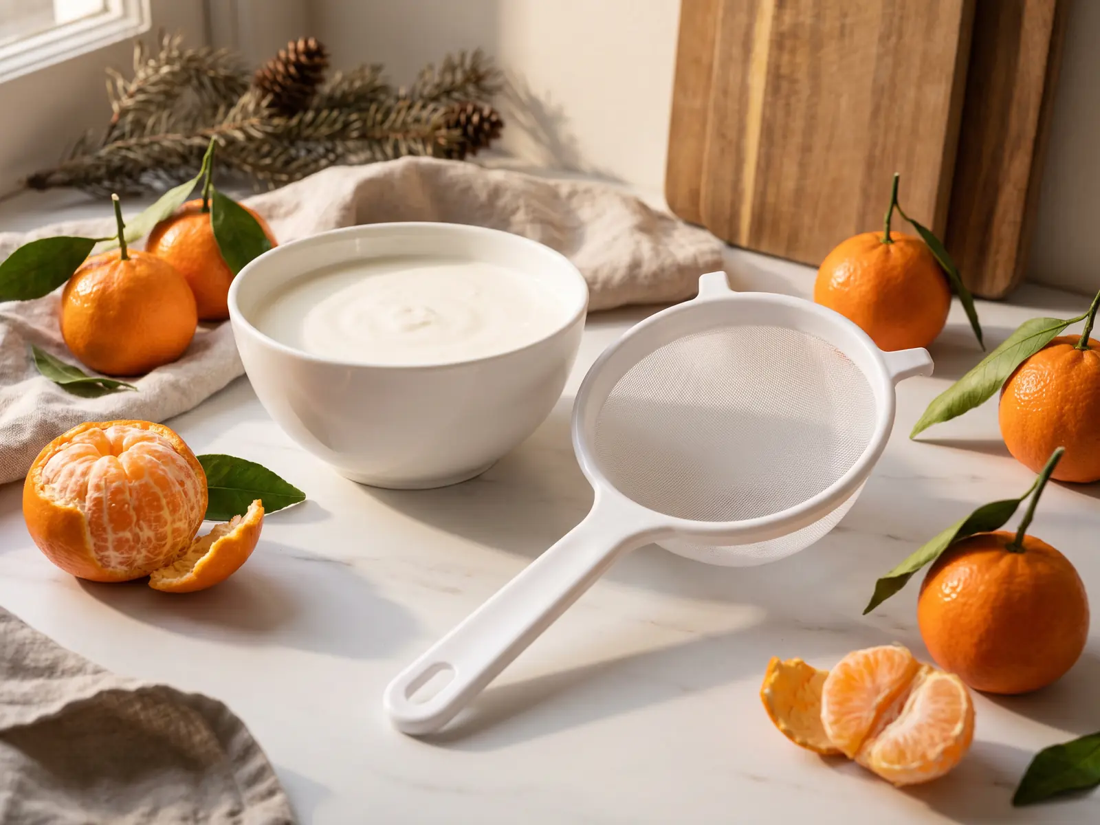 Winterliche Szene mit abgetropftem Milchkefir im Sch&auml;lchen, Clementinen und sauberem wei&szlig;em Sieb auf Marmor.