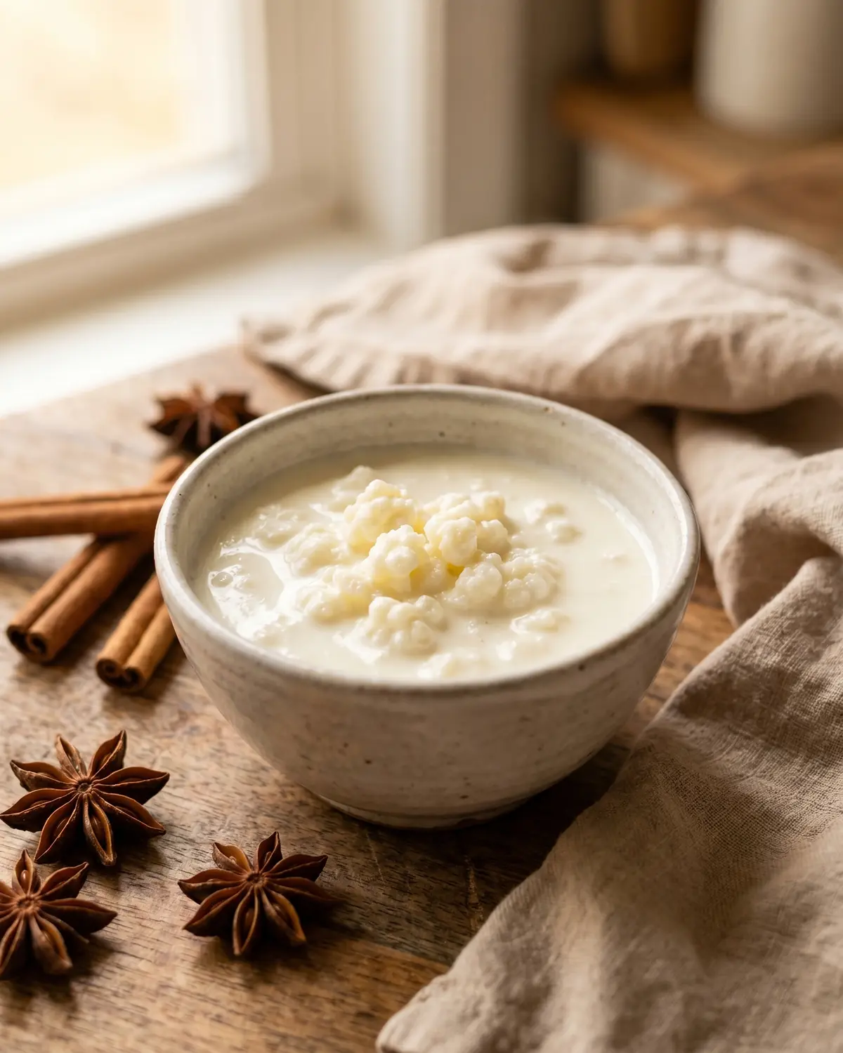 Kleine Schale mit naturbelassenem Kefir, umgeben von Sternanis und Zimt in winterlicher Atmosph&auml;re.
