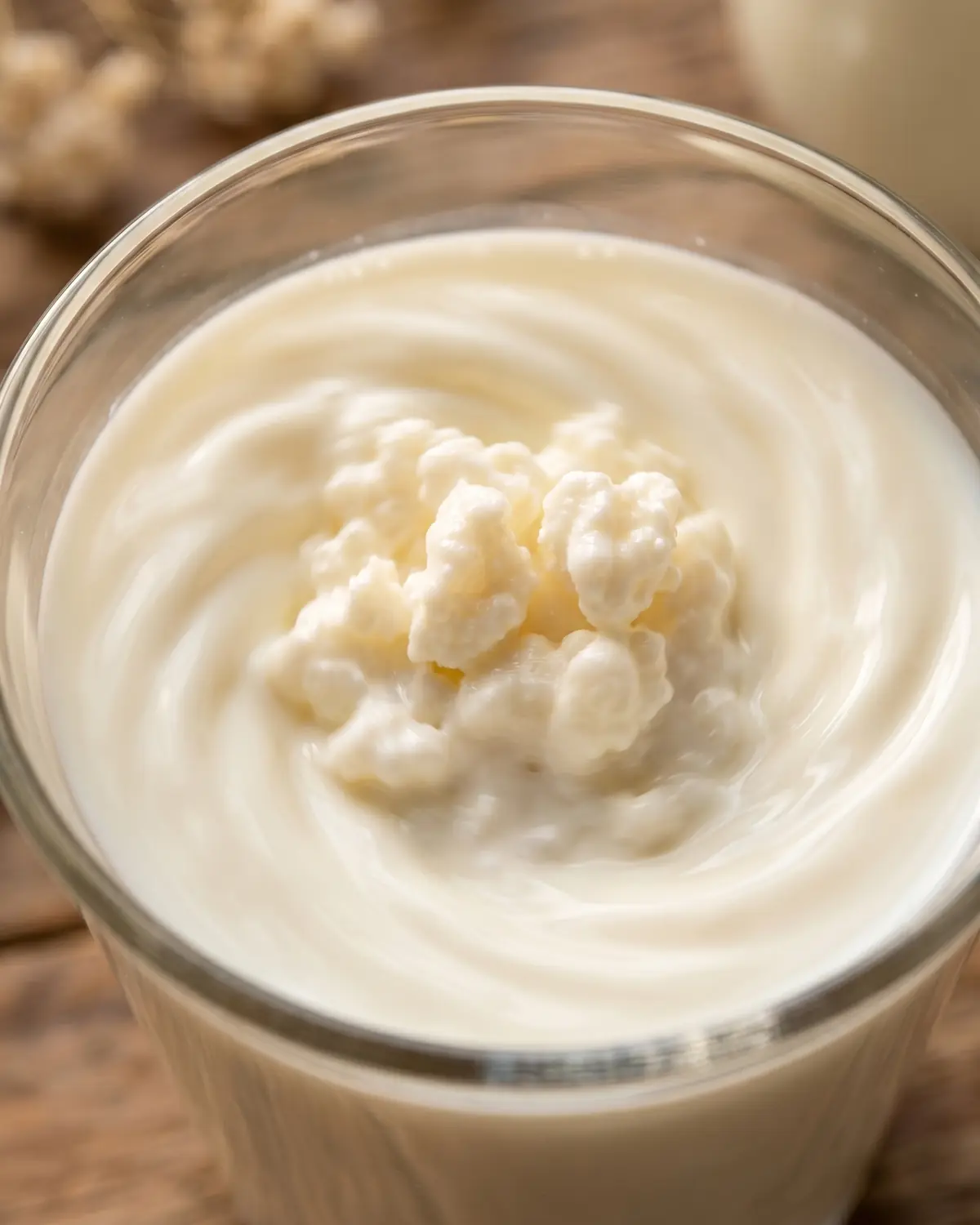 verstopfung durch kefir Kefirknollen wirbeln in frischer Milch im Glas und bilden einen cremigen weißlichen Strudel.