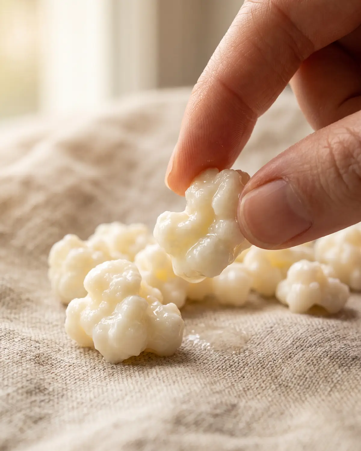 andechser kefir test Zwei Finger halten ein unregelmäßiges, glänzendes Kefirkorn mit blumenkohlartiger Struktur über Leinen.