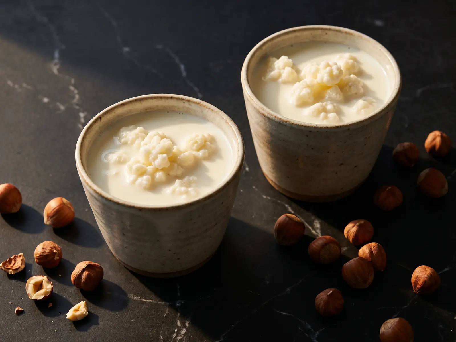 Zwei Tassen Milchkefir auf schwarzem Marmor mit Haseln&uuml;ssen und nat&uuml;rlichem Licht.
