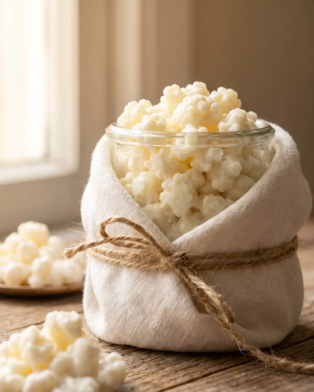 kefir pflege Geschenkglas mit Milchkefir neben Leinenstoff, unscharfen Körnern und natürlicher Kordel.