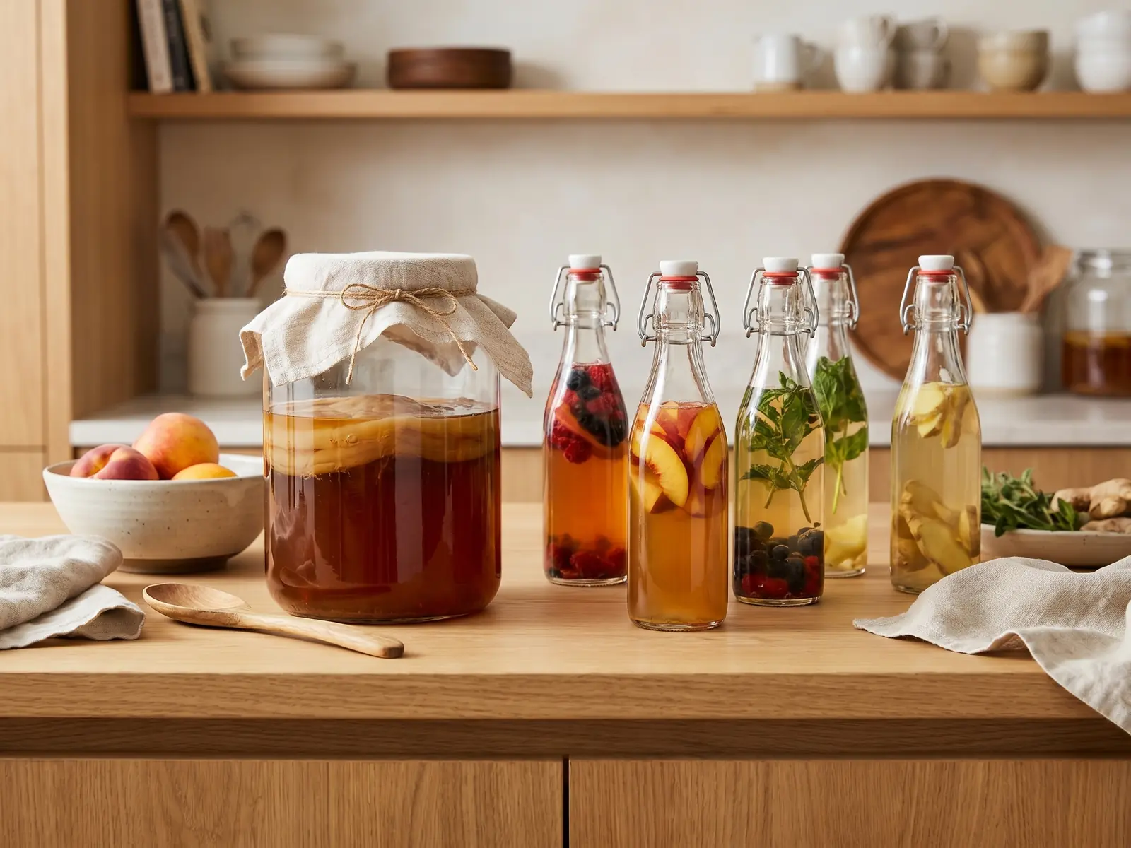 kombucha kaufen edeka Arbeitsplatte mit mehreren Gläsern für die erste und zweite Fermentation von Kombucha.