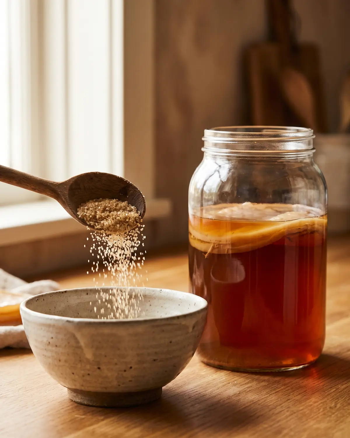 kombucha stillzeit Eine Holzschaufel gibt Zucker in eine Keramikschale, daneben steht ein Glas mit Kombucha-SCOBY.