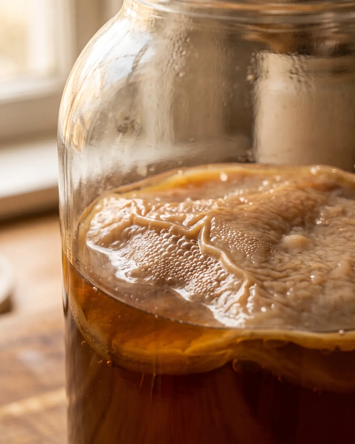 kombucha meme Nahaufnahme von Bläschen unter einer faltigen SCOBY-Oberfläche bei warmem seitlichem Licht.