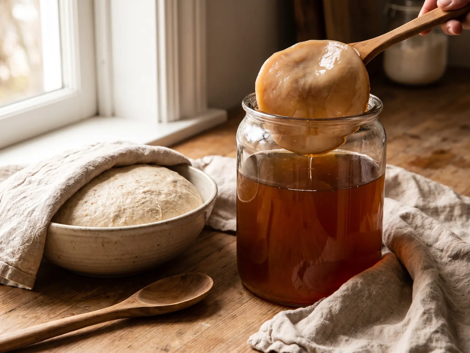 Glas mit beigebraunem SCOBY neben Brotteig, Holzl&ouml;ffel und Leinentuch auf einer Arbeitsfl&auml;che.