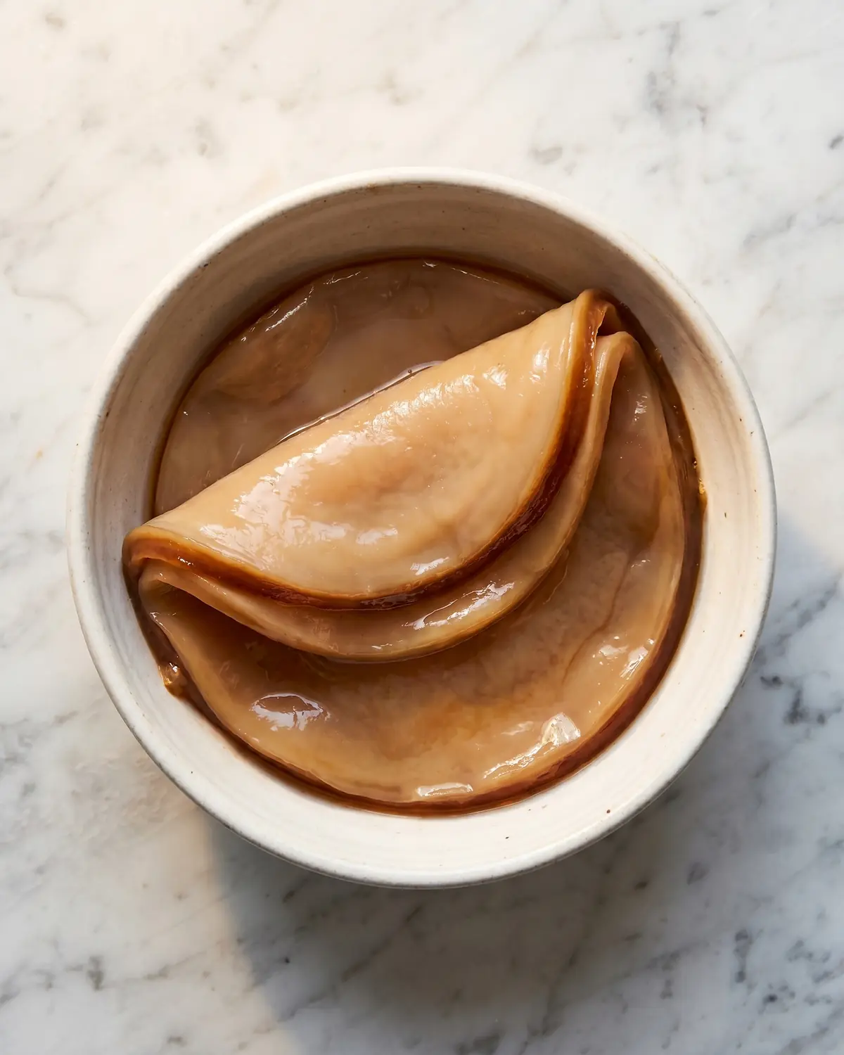 Ein dicker gefalteter SCOBY liegt in einer Keramikschale, mit dunklerem beigem Rand sichtbar.