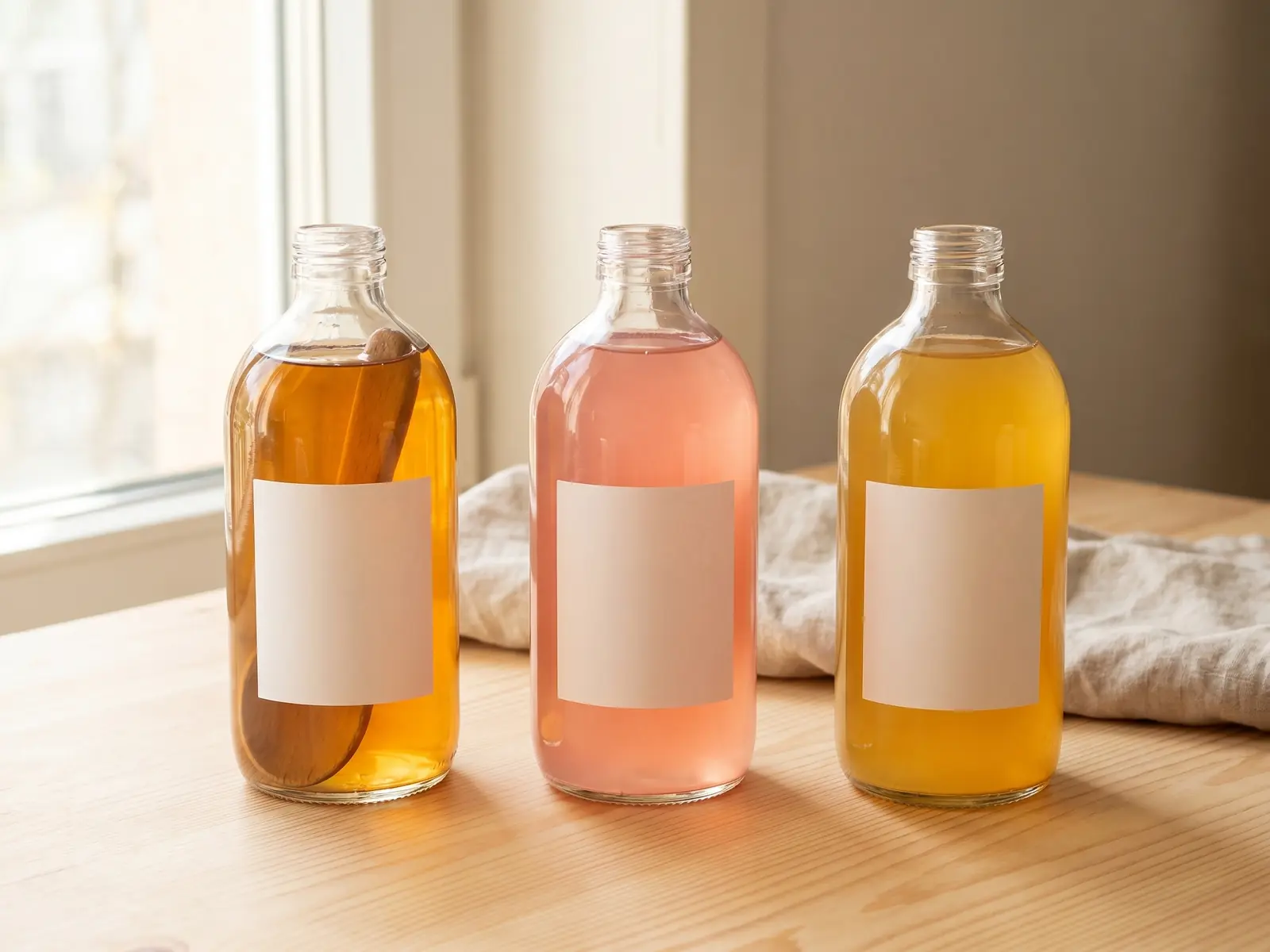 Drei fertige Kombucha-Flaschen in Bernstein, Rosa und Ingwerfarbe mit wei&szlig;en Etiketten auf hellem Hintergrund
