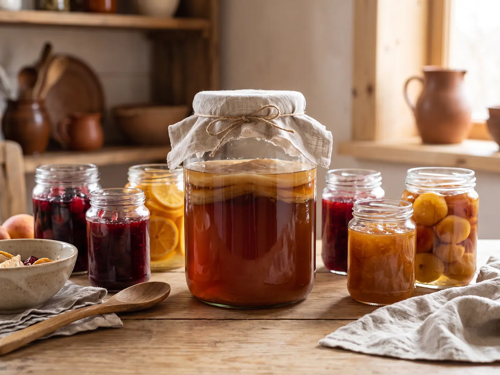 kombucha denns Einmachgläser mit Früchten, ein Kombucha-Glas mit SCOBY und Leinentuch auf einem Tisch.