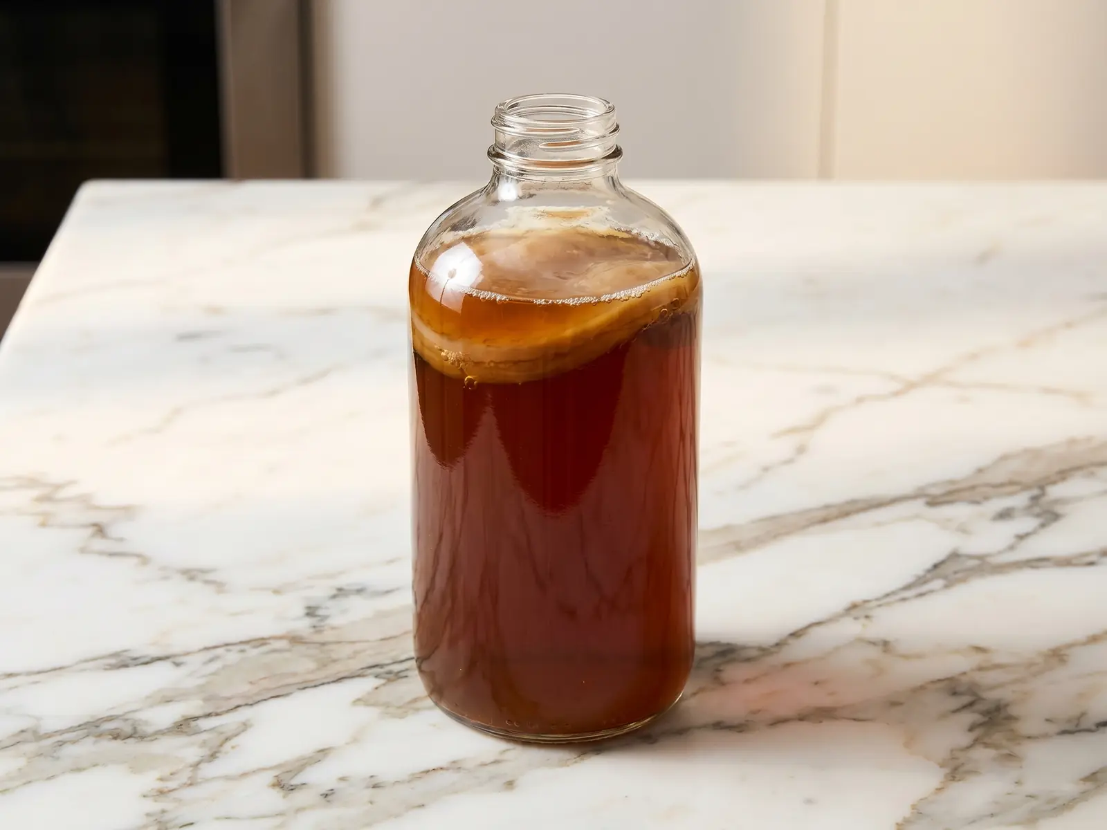 woher kommt kombucha Eine einzelne bernsteinfarbene Kombucha-Flasche auf weißem Marmor mit feinen sichtbaren Bläschen.